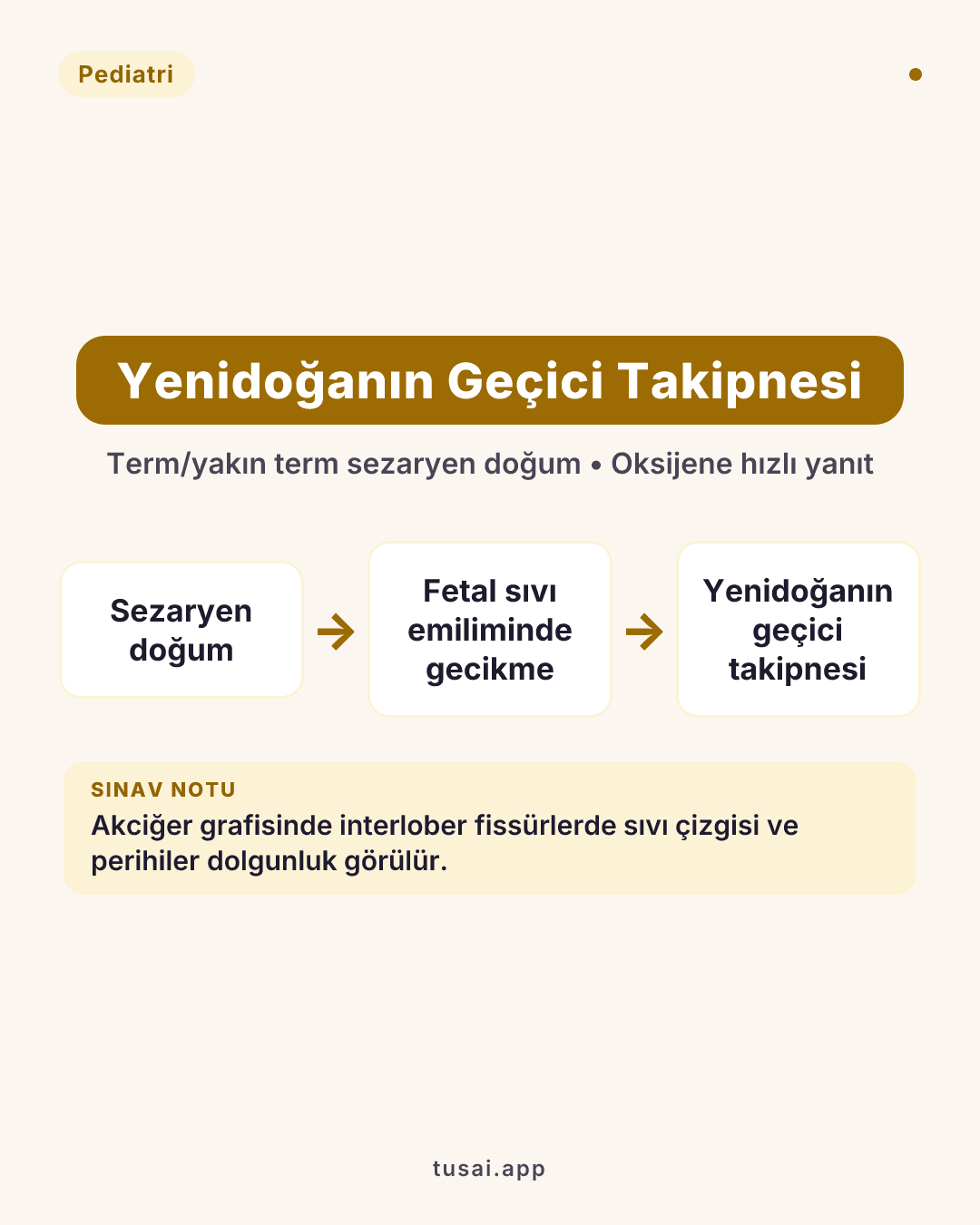 Yenidoğanın Geçici Takipnesi (YGT / Yaş Akciğer): Genellikle sezaryen ile doğan term/yakın term bebeklerde görülür. Temel patogenez, fetal akciğer sıvısının (pulmoner lenfatiklerce) emiliminde gecikmedir. Klinik hafif seyreder, oksijene hızlı yanıt verir. Grafide interlober fissürlerde sıvı çizgisi, perihiler dolgunluk ve havalanma artışı patognomoniktir.