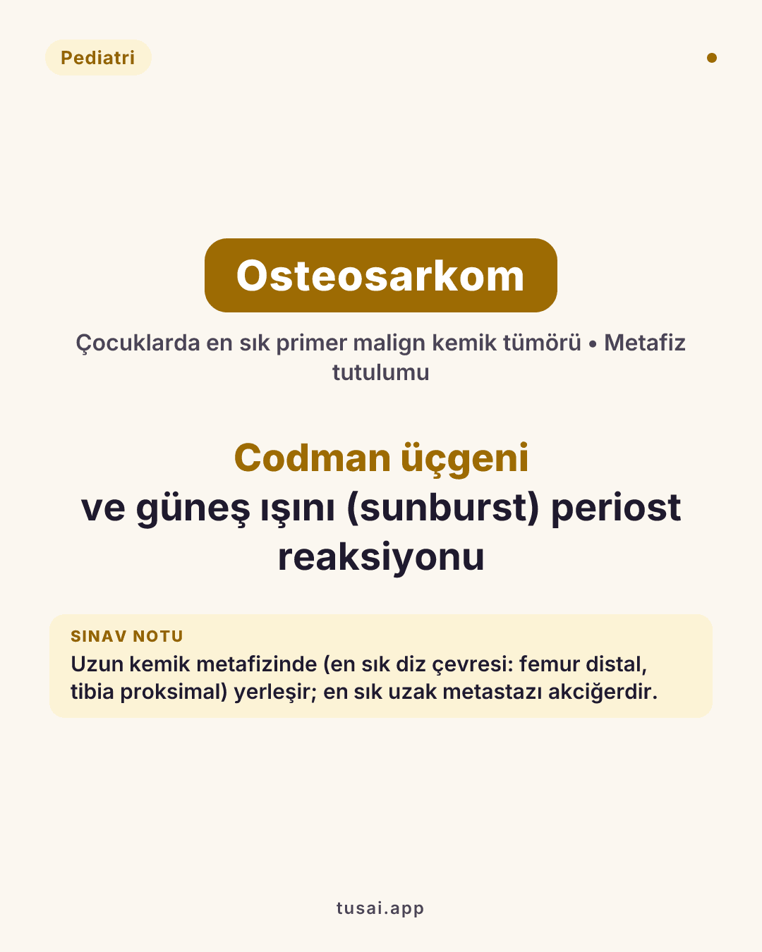 Osteosarkom (Osteojenik Sarkom): Çocuklarda en sık görülen primer malign kemik tümörüdür. Uzun kemiklerin metafiz bölgesine (en sık diz çevresi; femur distal, tibia proksimal) yerleşir. Grafide periost reaksiyonuna bağlı "güneş ışın tarzı (sunburst)" kemik oluşumu ve Codman üçgeni patognomoniktir. Osteosarkomun en sık uzak metastaz yaptığı organ akciğerdir.