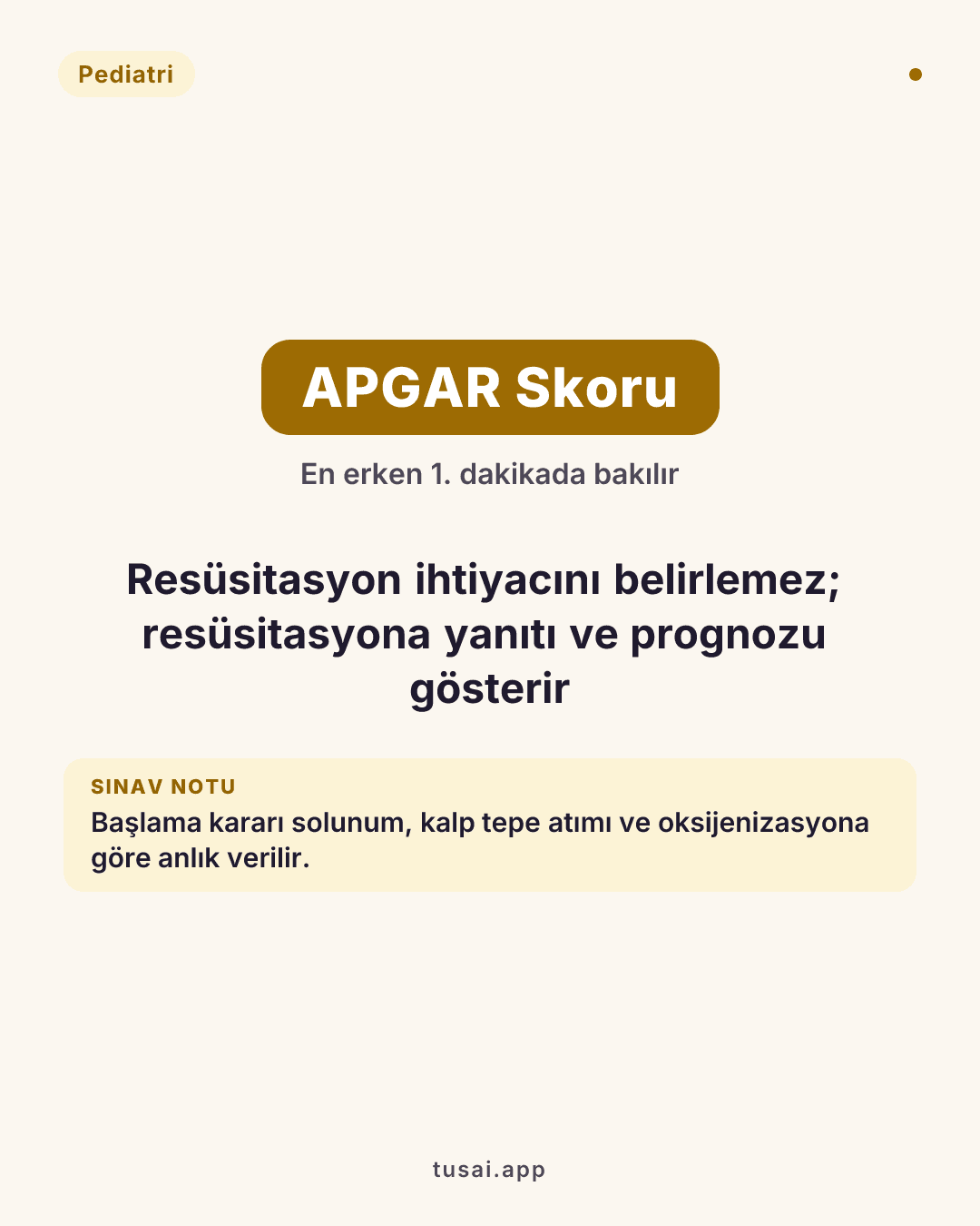 APGAR Skoru: Yenidoğanın canlandırma (resüsitasyon) ihtiyacını belirlemez; resüsitasyona yanıtı ve prognozu gösterir. En erken 1. dakikada bakılır.